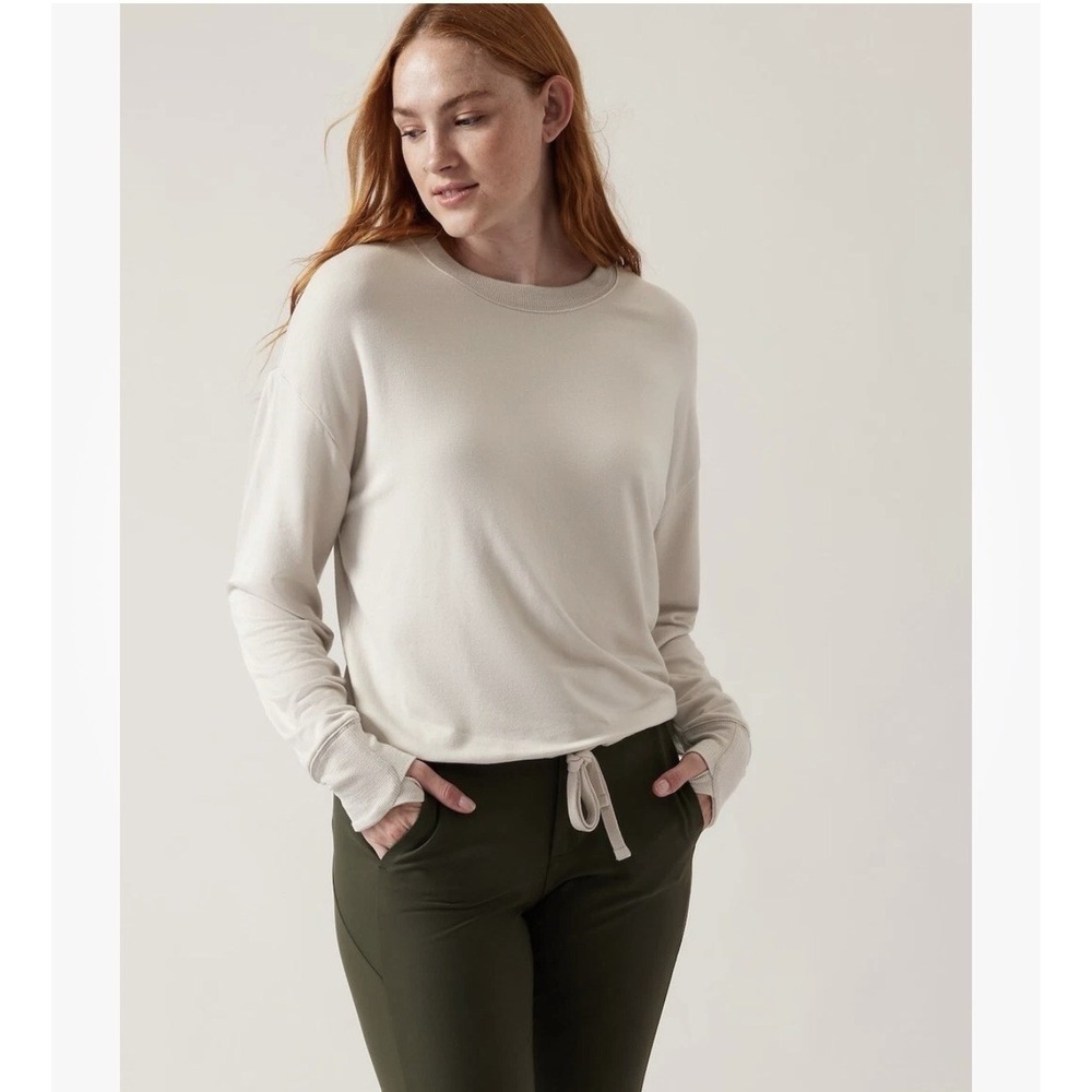 Athleta Marina‎ Sweatshirt Tie Waist Long Sleeve Beige Oversized Soft Women's 1X